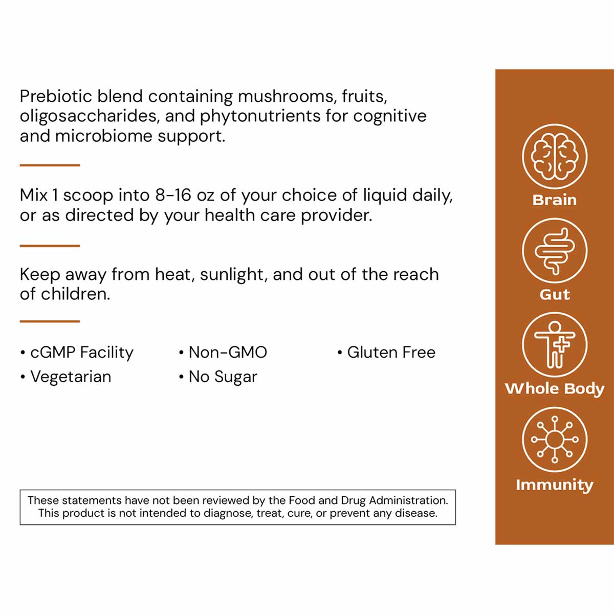 Tan and brown product label for Neuro Superfood powder with ingredient information and icons for Brain, Gut, Whole Body, and 