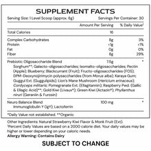 Supplement Facts label for Neuro Superfood powder listing ingredients, serving size, and nutritional information per 8g scoop