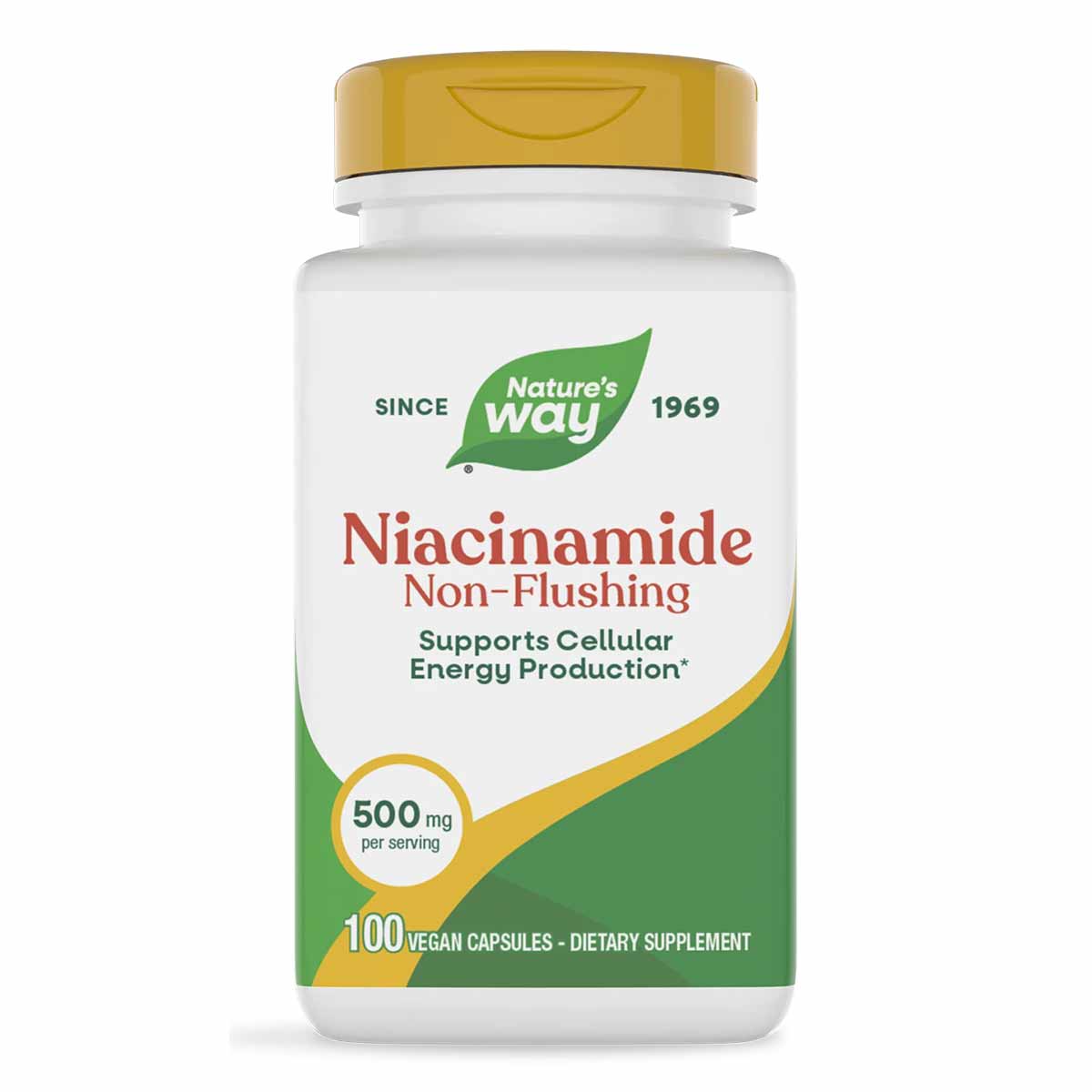 White bottle with gold cap displaying Nature's Way Niacinamide Non-Flushing 500 mg dietary supplement label, 100 vegan capsul