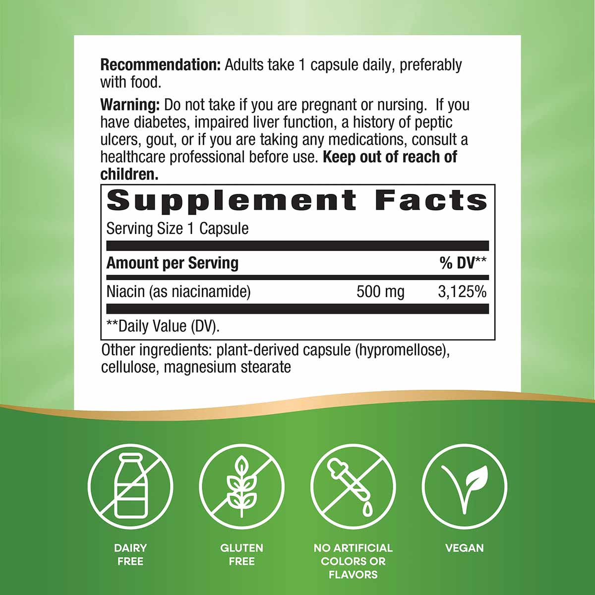 Supplement facts label showing niacinamide 500 mg dosage with recommendation and warning text, plus four certification icons 