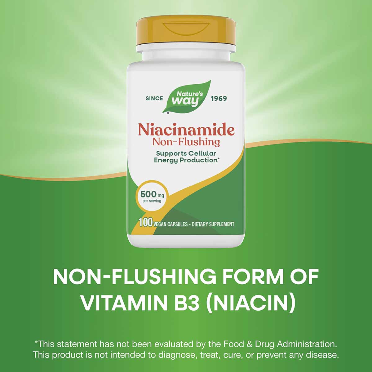 White bottle with gold cap labeled Niacinamide Non-Flushing 500 mg by Nature's Way, containing 100 vegan capsules.