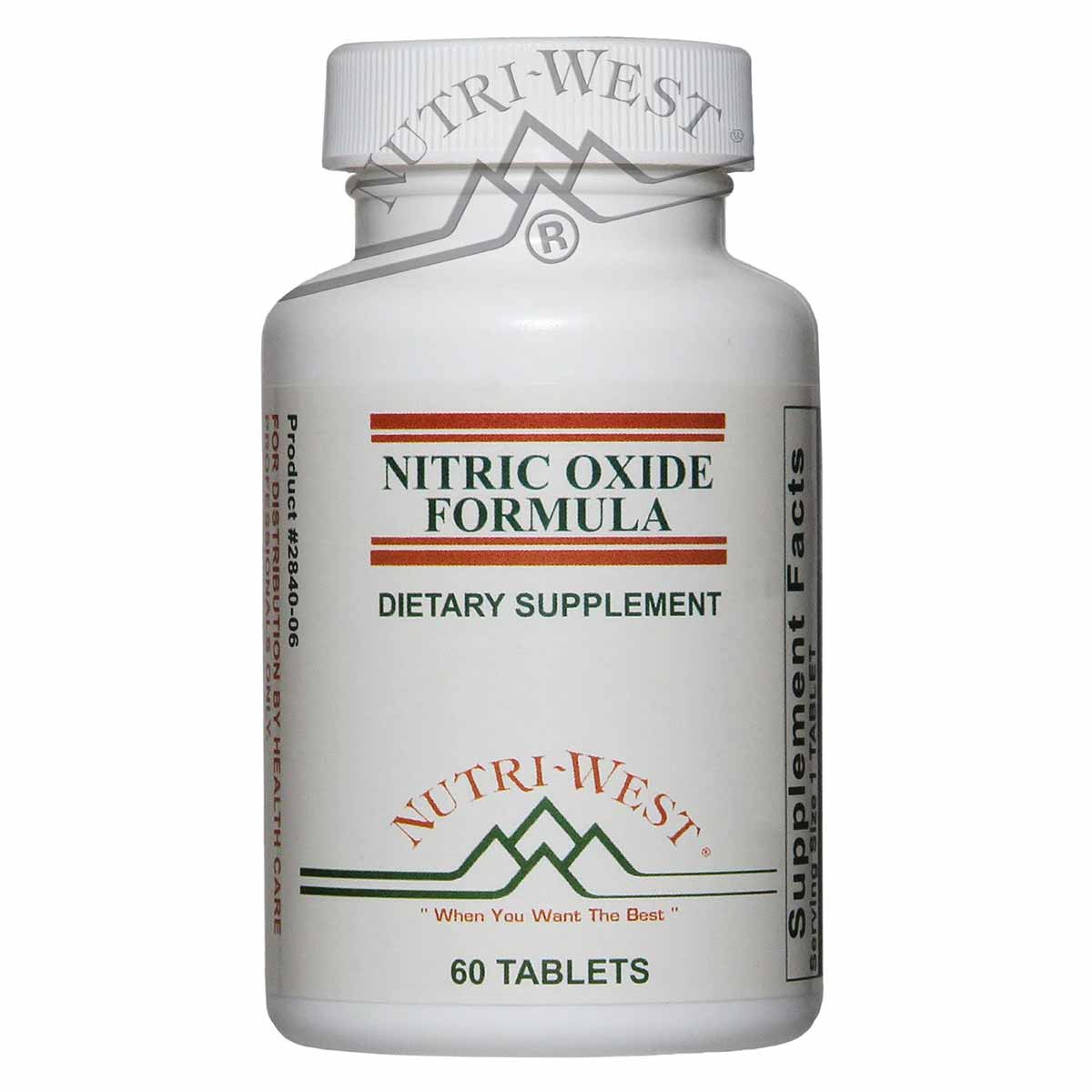 White bottle labeled Nitric Oxide Formula by Nutri-West containing 60 tablets.