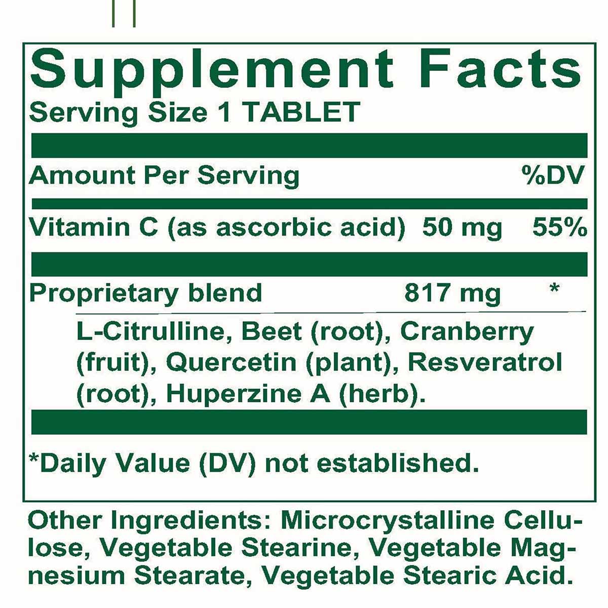 Supplement Facts label for Nitric Oxide Formula tablet showing ingredients including Vitamin C, L-Citrulline, Beet root, Cran