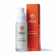 Sibu nourishing face cream in a white pump bottle next to its red and orange retail box.