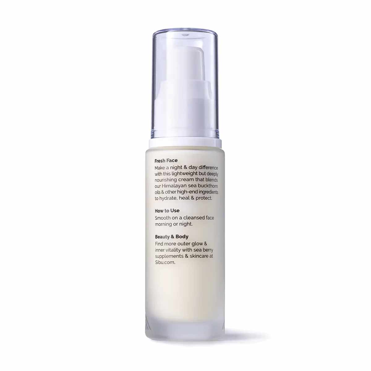 Clear pump bottle of beige face cream with purple-tinted plastic cap and product information label on white background.