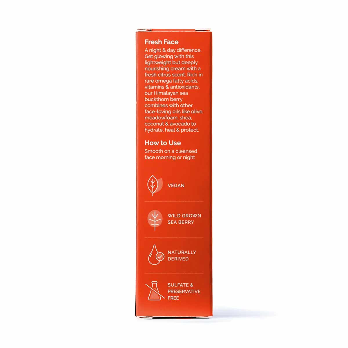 Sibu Beauty Fresh Face Cream 1 oz box with orange packaging and white text describing product benefits and ingredients.