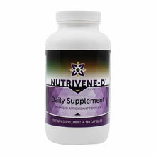 White bottle of Nutrivene-D Daily Supplement with purple label containing 168 capsules.