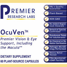 OcuVen Premier Vision & Eye Support supplement bottle showing 60 plant-source capsules by Premier Research Labs with quality 