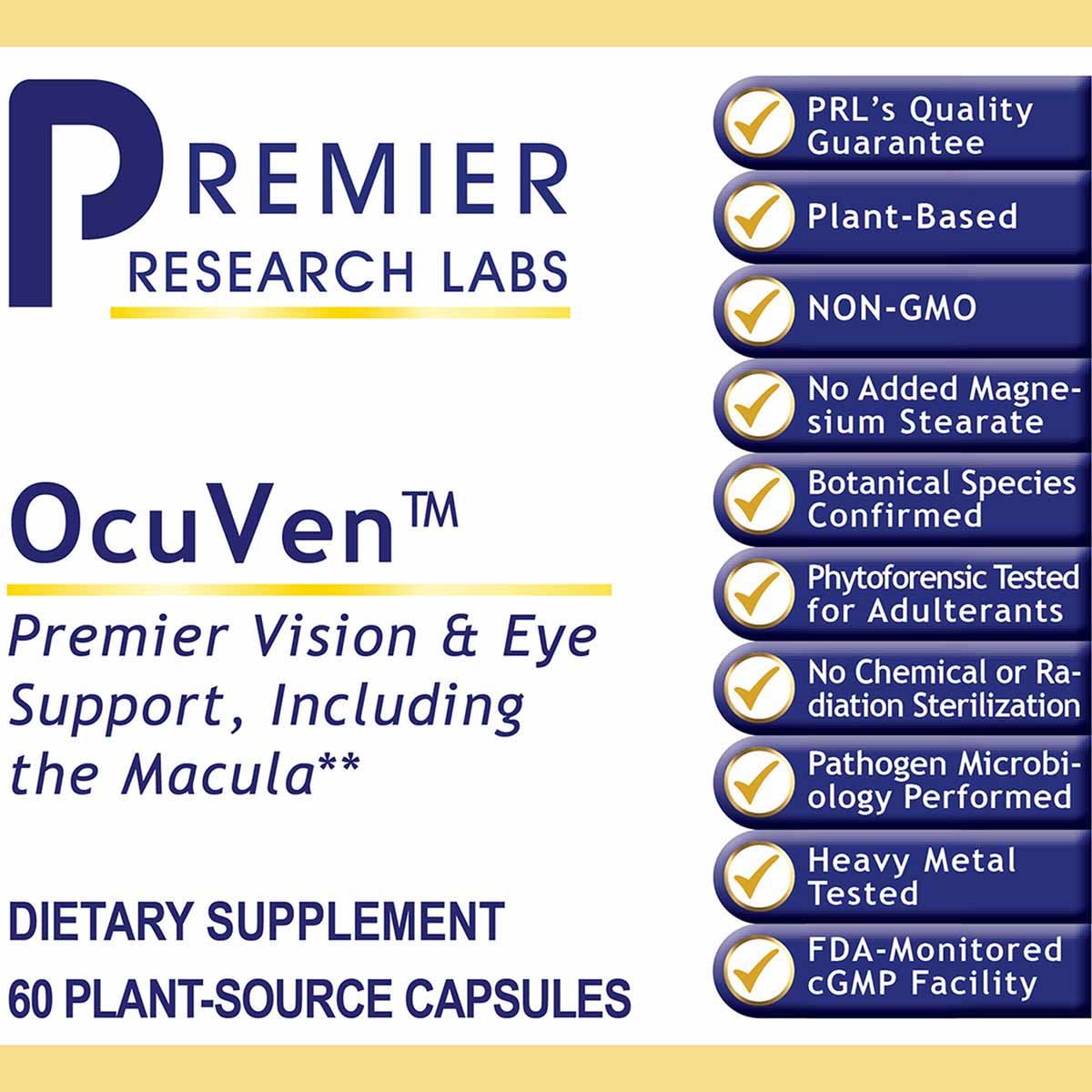 OcuVen Premier Vision & Eye Support supplement bottle showing 60 plant-source capsules by Premier Research Labs with quality 