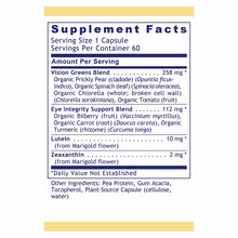 Supplement Facts label showing OcuVen's ingredients including Vision Greens Blend, Eye Integrity Support Blend, lutein, and z