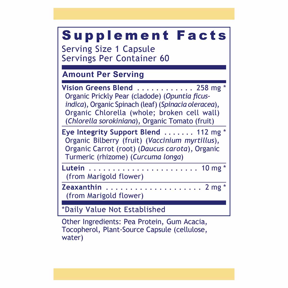 Supplement Facts label showing OcuVen's ingredients including Vision Greens Blend, Eye Integrity Support Blend, lutein, and z