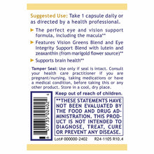 Product label for OcuVen Vision and Eye Support supplement showing suggested use, ingredient blends with lutein and zeaxanthi