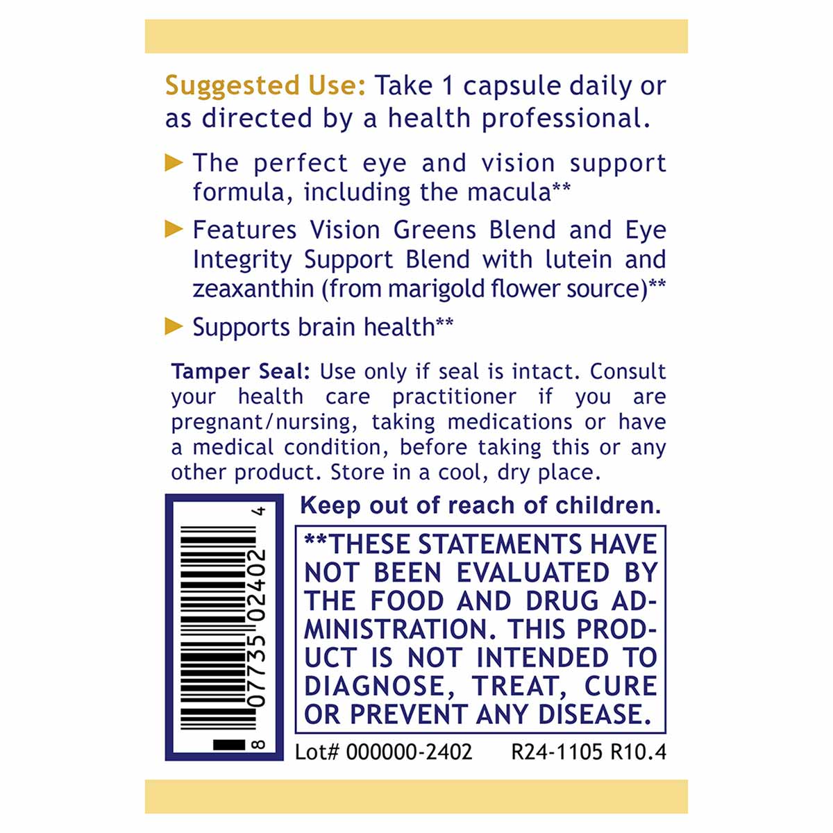 Product label for OcuVen Vision and Eye Support supplement showing suggested use, ingredient blends with lutein and zeaxanthi