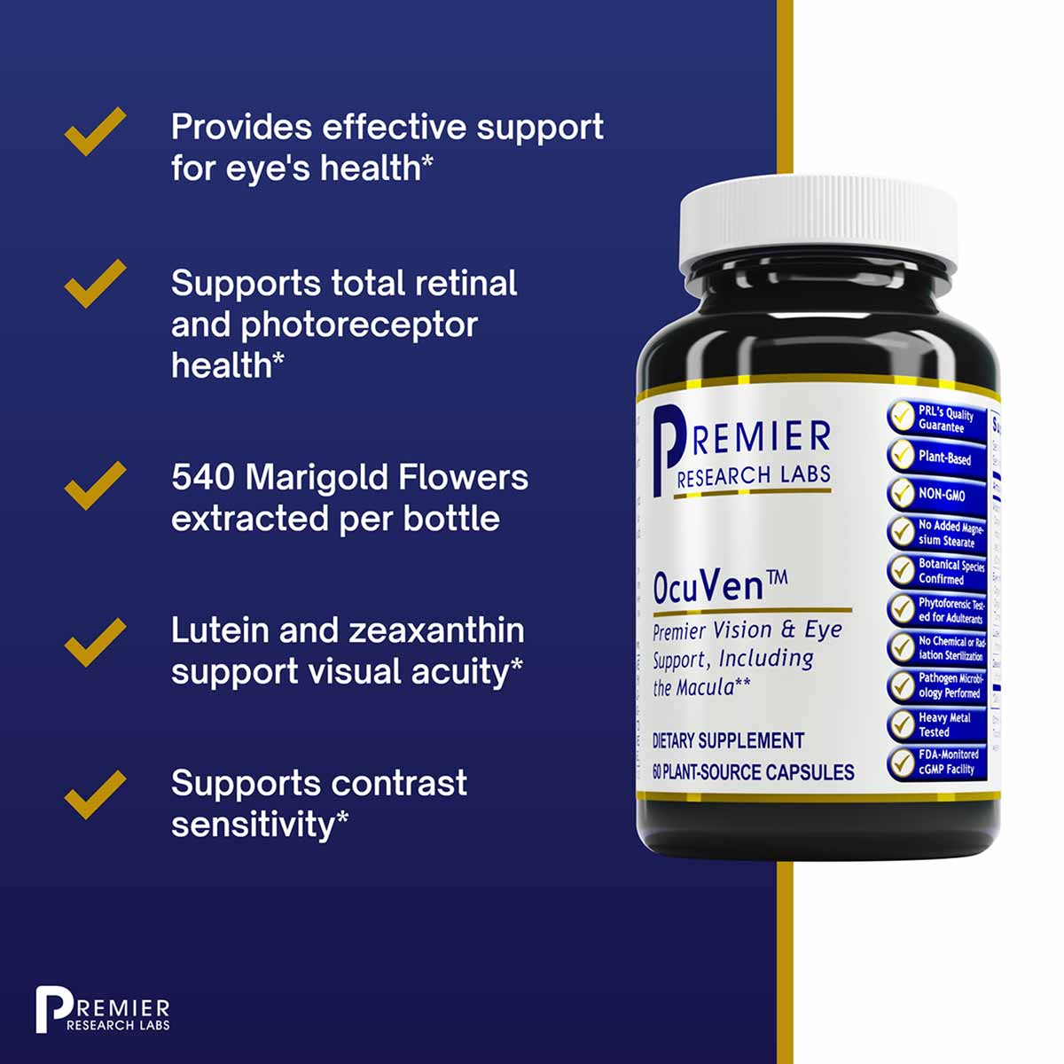 OcuVen bottle of 60 plant-source veg capsules by Premier Research Labs with white cap and dark glass container.