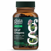 Amber glass bottle of Gaia Herbs Oil of Oregano with green cap, containing 60 liquid phyto-caps herbal supplement.