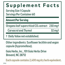 Supplement facts label for Oil of Oregano capsules showing serving size, ingredient amounts, and manufacturer information.