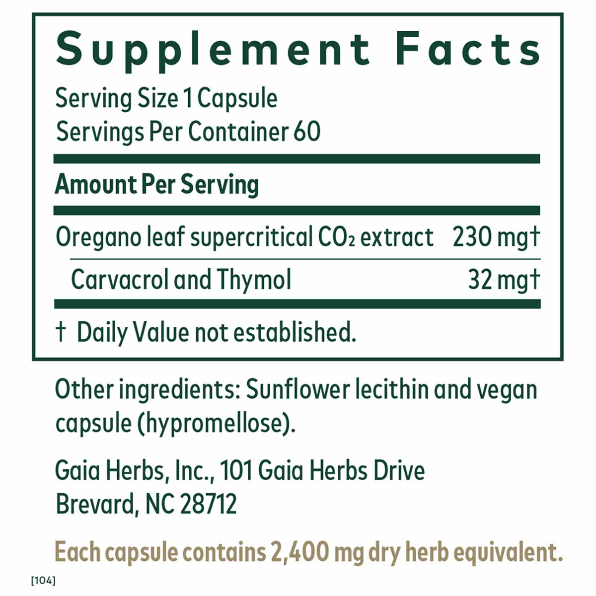 Supplement facts label for Oil of Oregano capsules showing serving size, ingredient amounts, and manufacturer information.