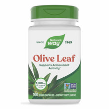 Nature's Way Olive Leaf 1500 mg supplement bottle with green cap, 100 vegan capsules, Non-GMO Project Verified.