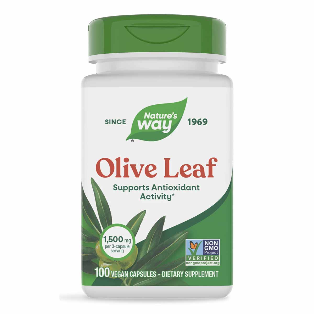 Nature's Way Olive Leaf 1500 mg supplement bottle with green cap, 100 vegan capsules, Non-GMO Project Verified.