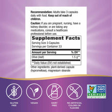 Supplement Facts label for Olive Leaf 1500 mg capsules with usage instructions and ingredient information on purple backgroun
