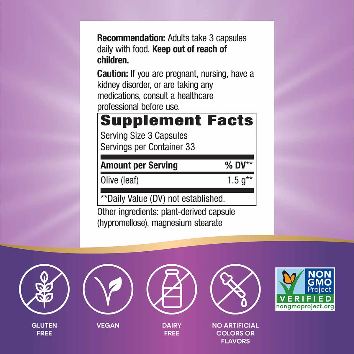 Supplement Facts label for Olive Leaf 1500 mg capsules with usage instructions and ingredient information on purple backgroun