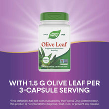 Nature's Way Olive Leaf 1500 mg bottle with green cap and white label containing 100 vegan capsules.