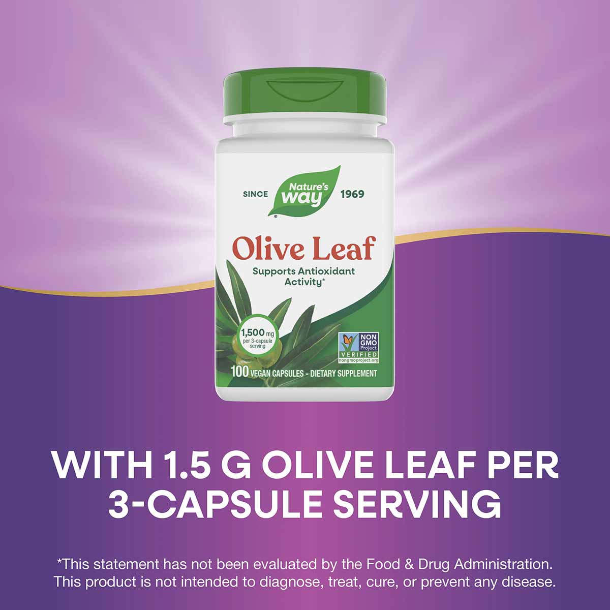Nature's Way Olive Leaf 1500 mg bottle with green cap and white label containing 100 vegan capsules.