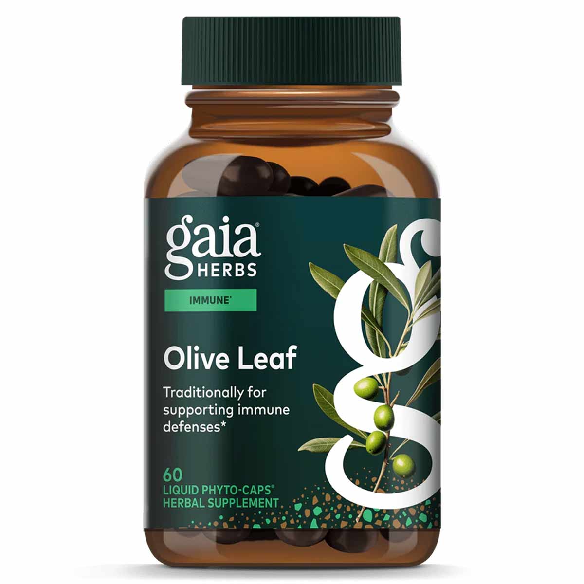 Gaia Herbs Olive Leaf supplement bottle with green cap containing 60 liquid phyto-caps.