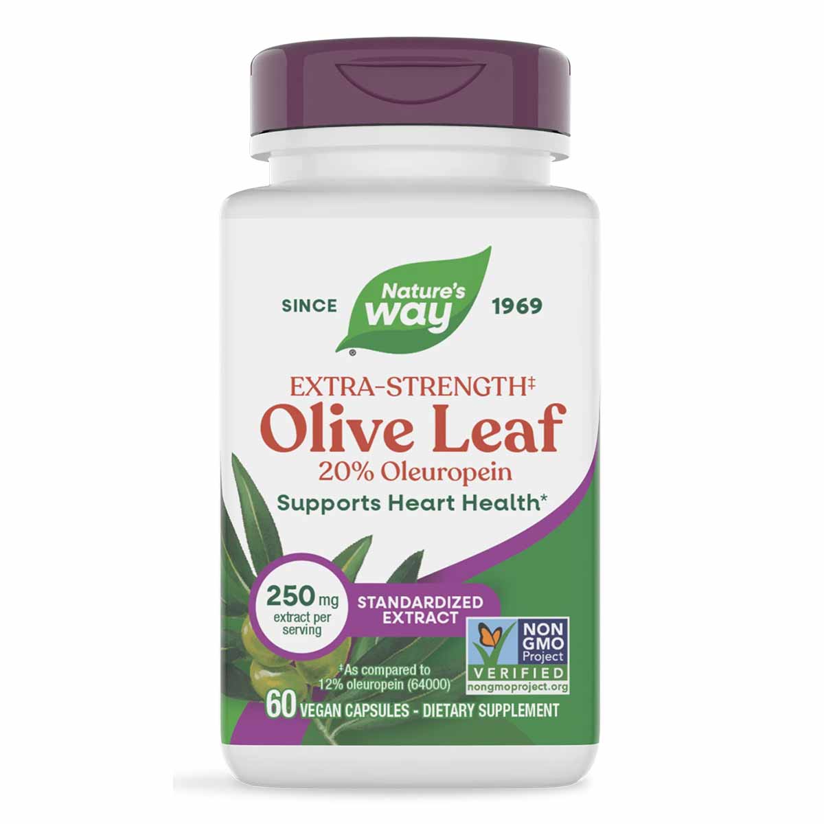 White bottle with purple cap containing 60 vegan capsules of Nature's Way Extra-Strength Olive Leaf standardized extract supp