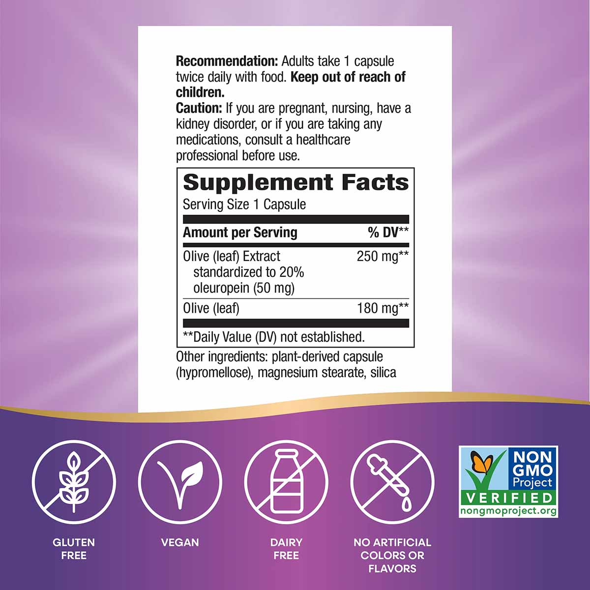 Supplement Facts label for Olive Leaf Extract capsules showing 250mg standardized extract and 180mg olive leaf per serving.