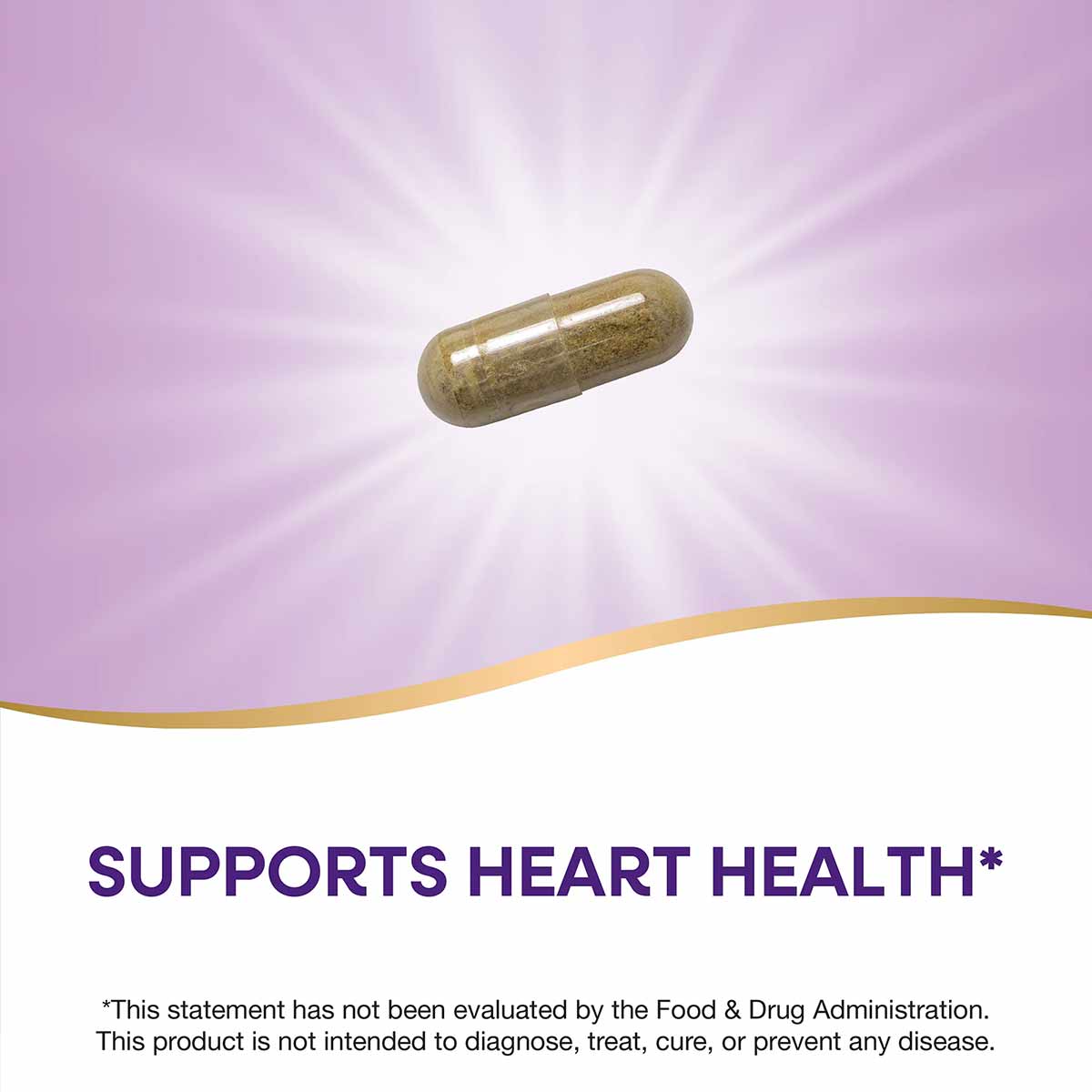 Single brown capsule displayed against purple background with gold curved design element.