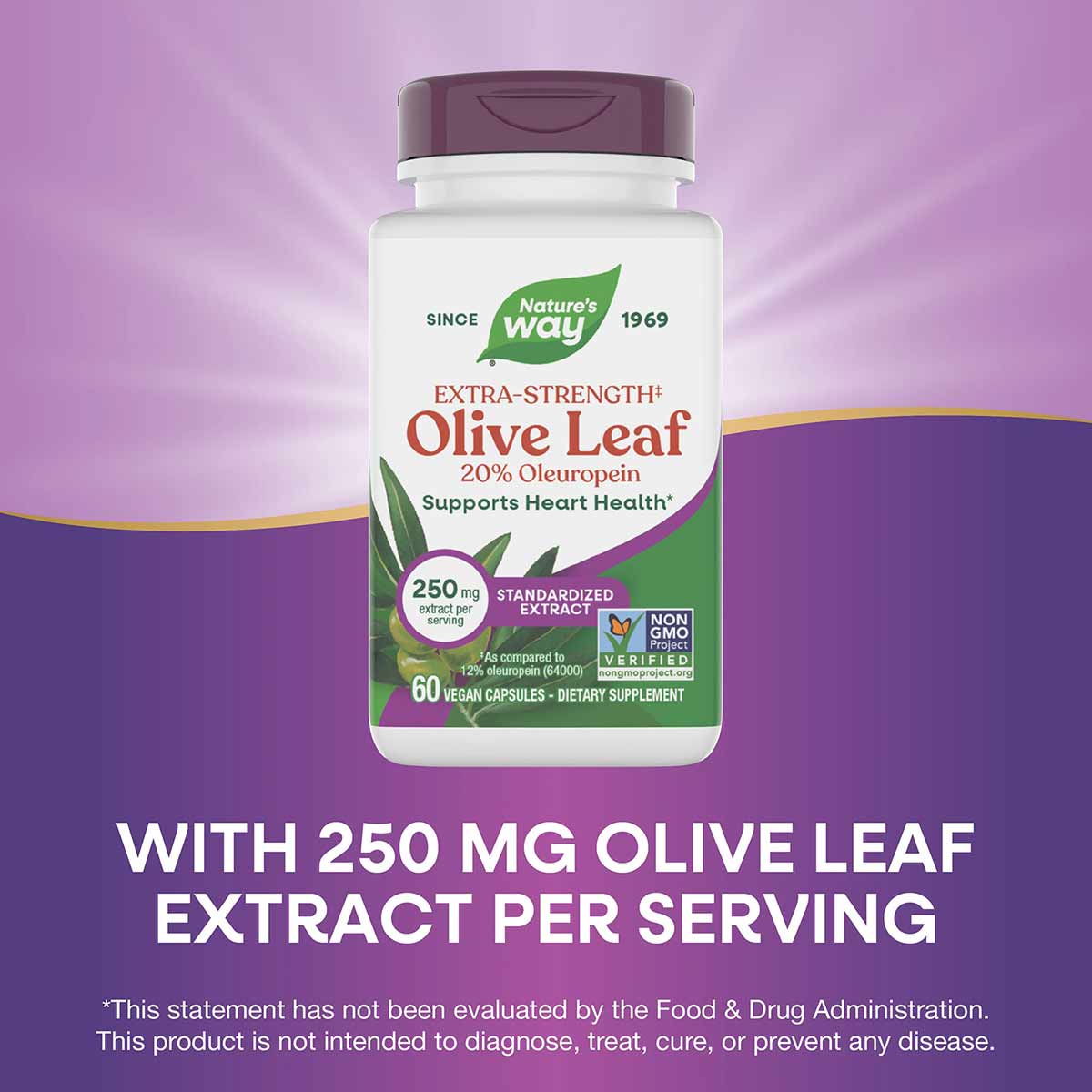 Nature's Way Olive Leaf Extra-Strength supplement bottle with burgundy cap, 60 vegan capsules, 250mg per serving.