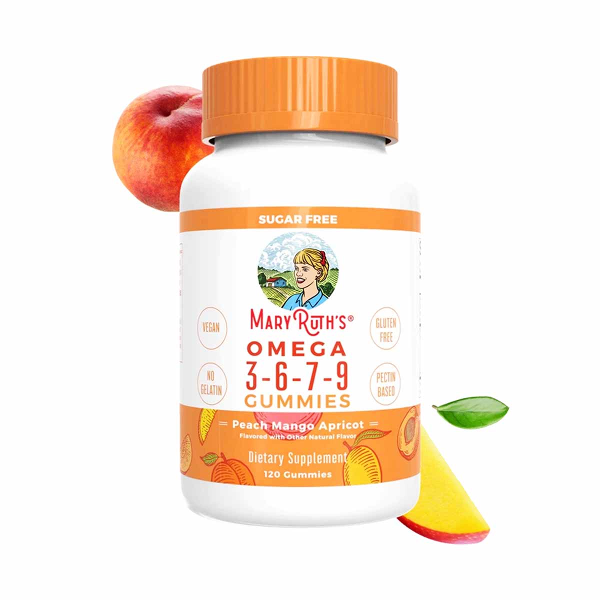 White bottle with orange cap and label for MaryRuth's Omega 3-6-7-9 gummies, surrounded by apple, mango, and apricot fruit.