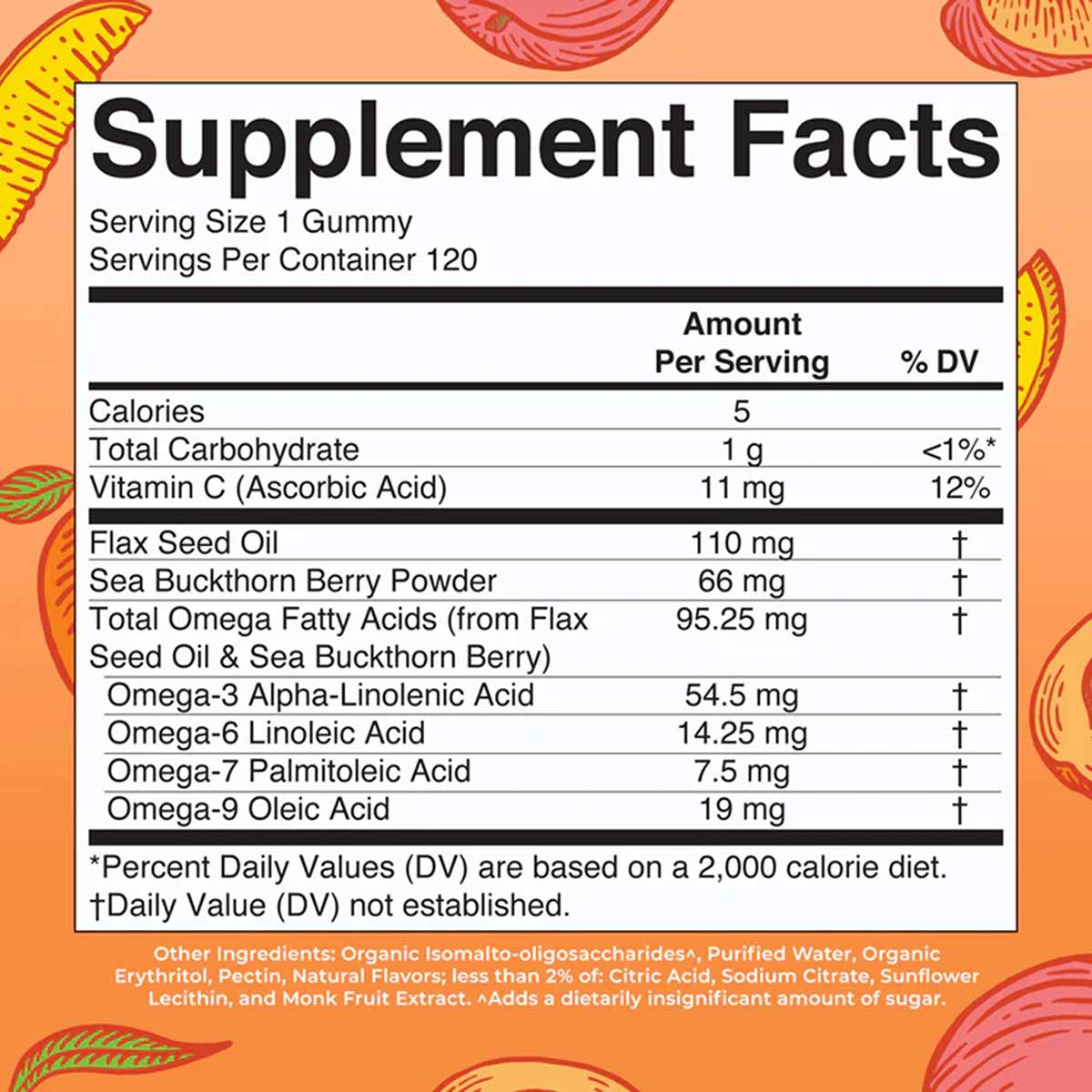 Supplement Facts label for Omega 3-6-7-9 gummies showing nutritional information per serving with flax seed oil and sea buckt