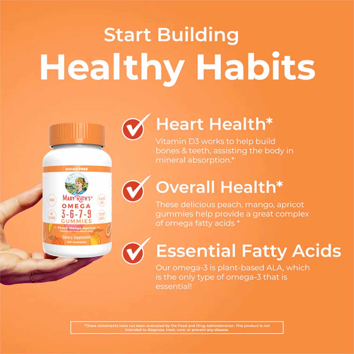 Bottle of MaryRuth's Organics Omega 3-6-7-9 gummies with peach, mango, apricot flavor held in hand against orange background.