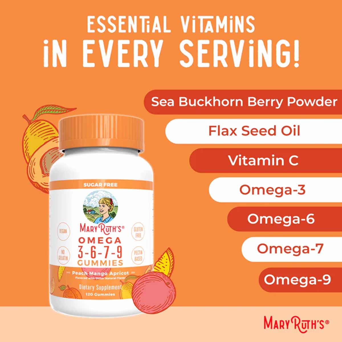 White bottle of MaryRuth's Omega 3-6-7-9 gummies with orange cap and peach mango apricot flavor label on orange background.