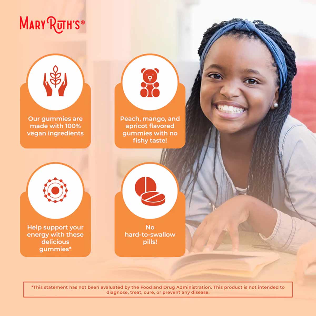 MaryRuth's Organics Omega 3-6-7-9 gummy supplement packaging with product benefits and child with blue headband.