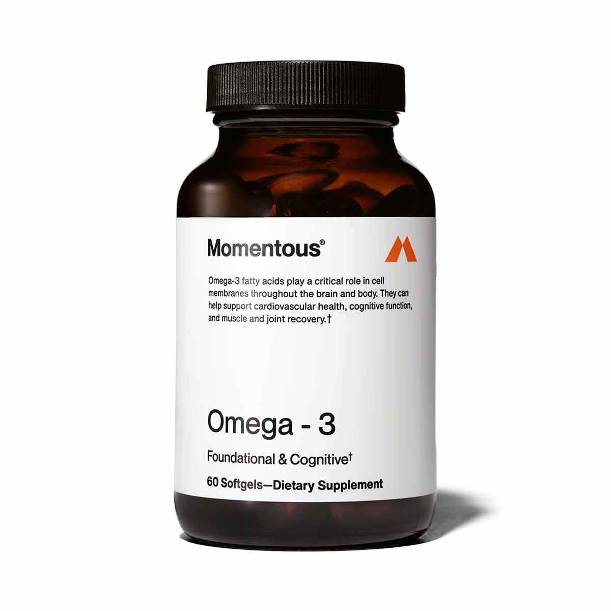 Momentous Omega-3 supplement bottle containing 60 softgels with white label and black cap.