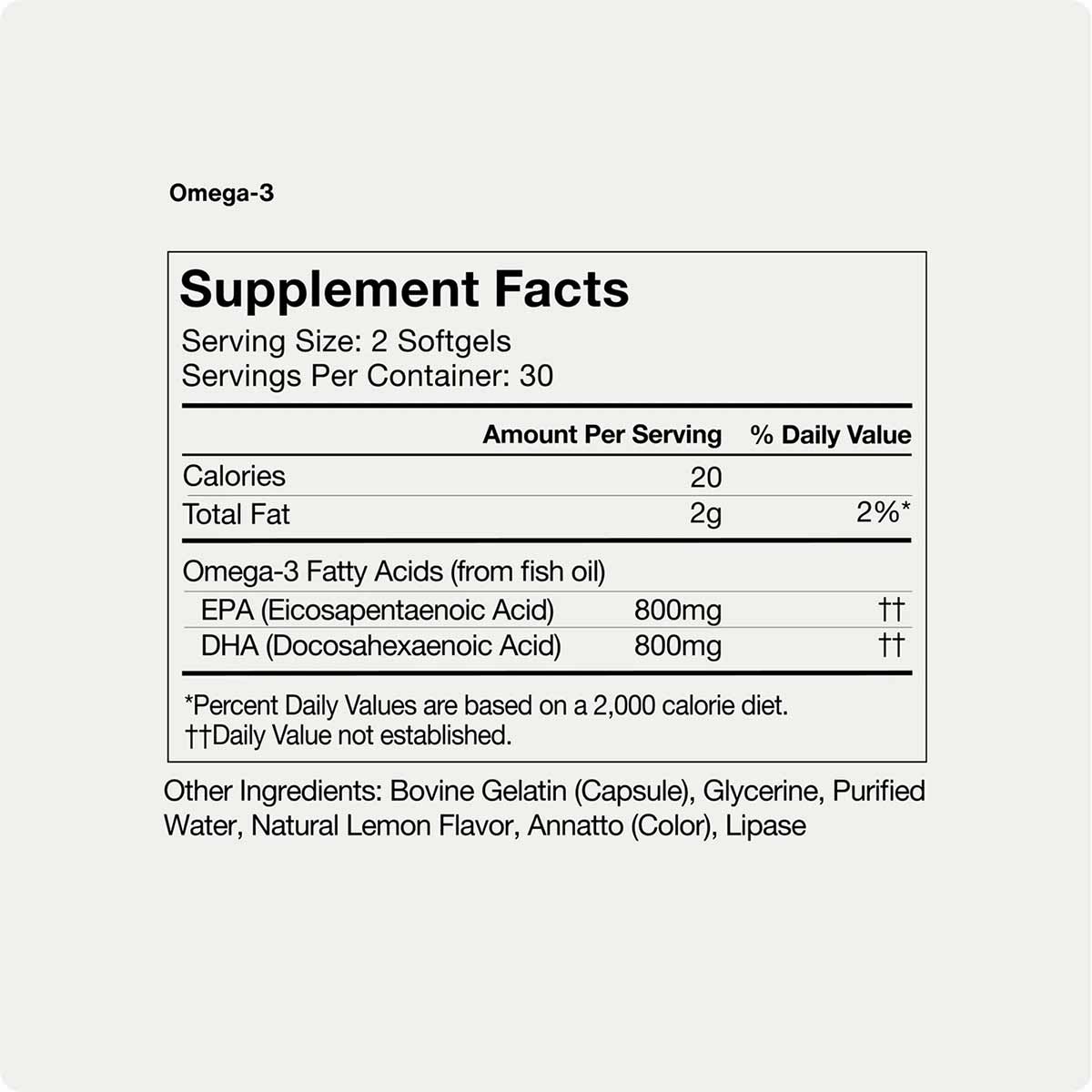 Omega-3 supplement facts label showing serving size of 2 softgels with 800mg EPA and 800mg DHA per serving.