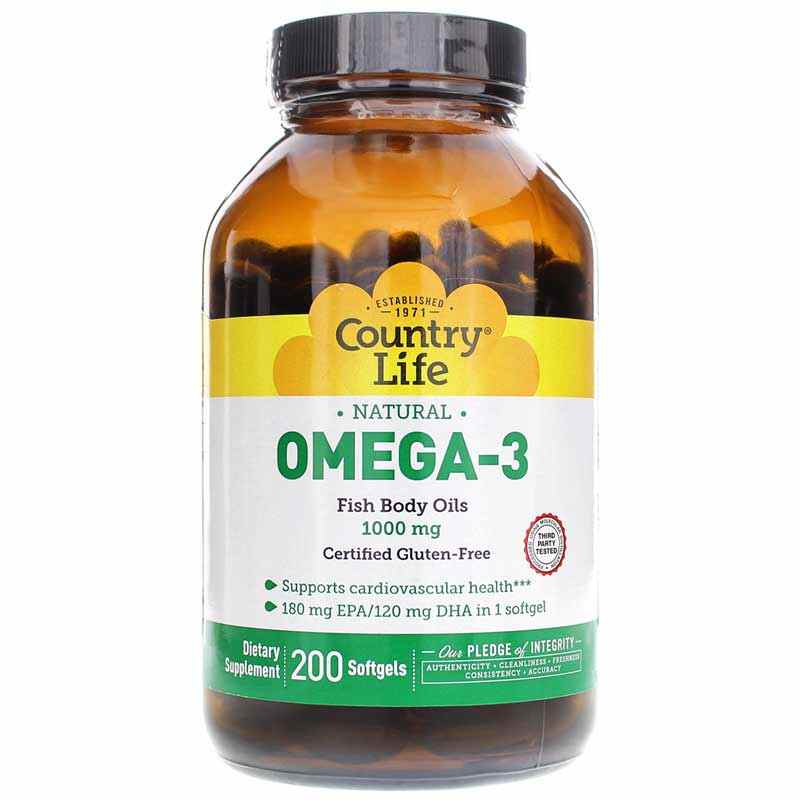 Omega-3 Fish Body Oils 1000 Mg, 200 Softgels, by Country Life