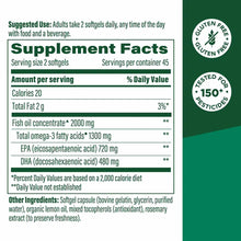 Omega-3 fish oil supplement facts label showing 2000mg fish oil concentrate per 2-softgel serving with gluten-free and pestic