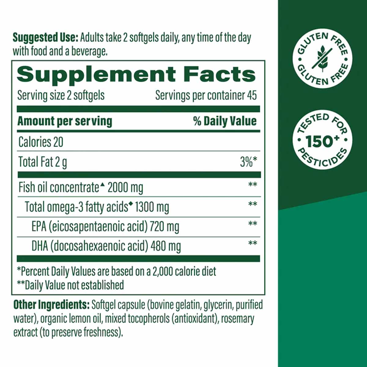 Omega-3 fish oil supplement facts label showing 2000mg fish oil concentrate per 2-softgel serving with gluten-free and pestic