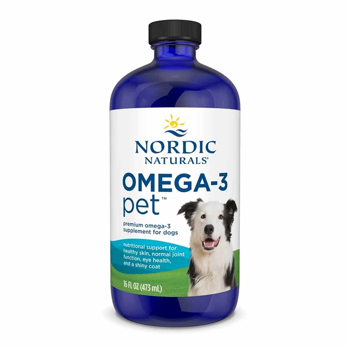 Nordic Naturals Omega-3 Pet liquid supplement in blue glass bottle with black cap and white label featuring dog image.