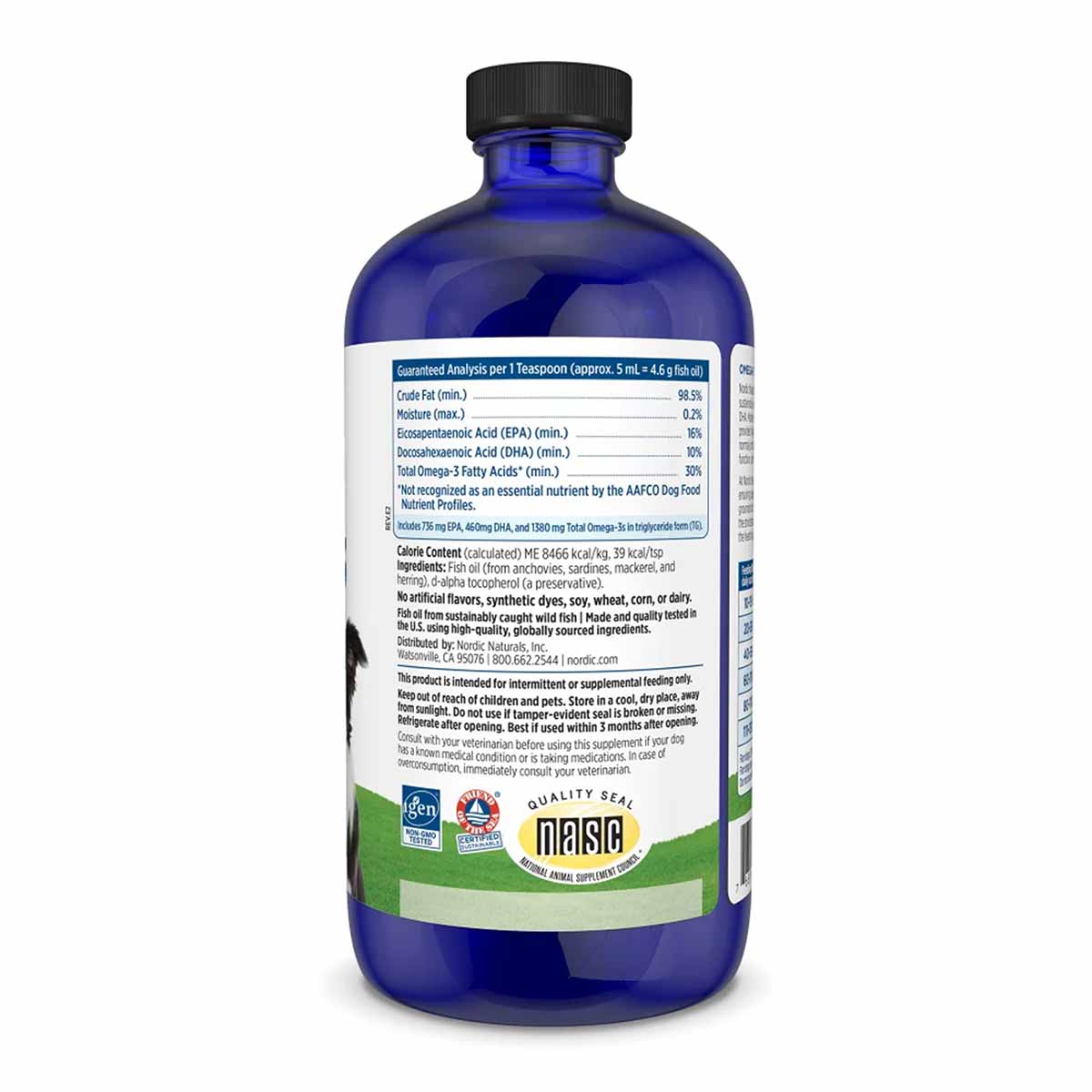 Blue glass bottle of Nordic Naturals Omega-3 pet liquid with black cap and white label containing product information and ing