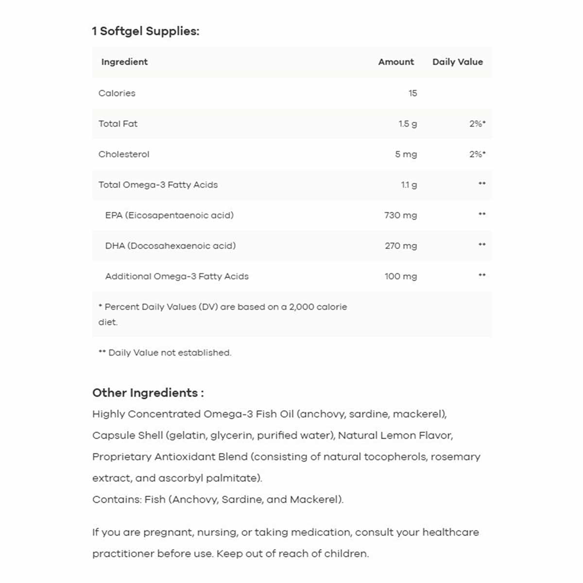 Nutrition facts label for Omega Pure EPA-DHA 1000 softgels showing ingredients and daily supply information.