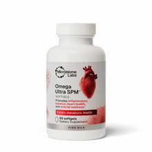 A white supplement bottle with a gray label shows a red heart illustration and the text Omega Ultra SPM softgels.
