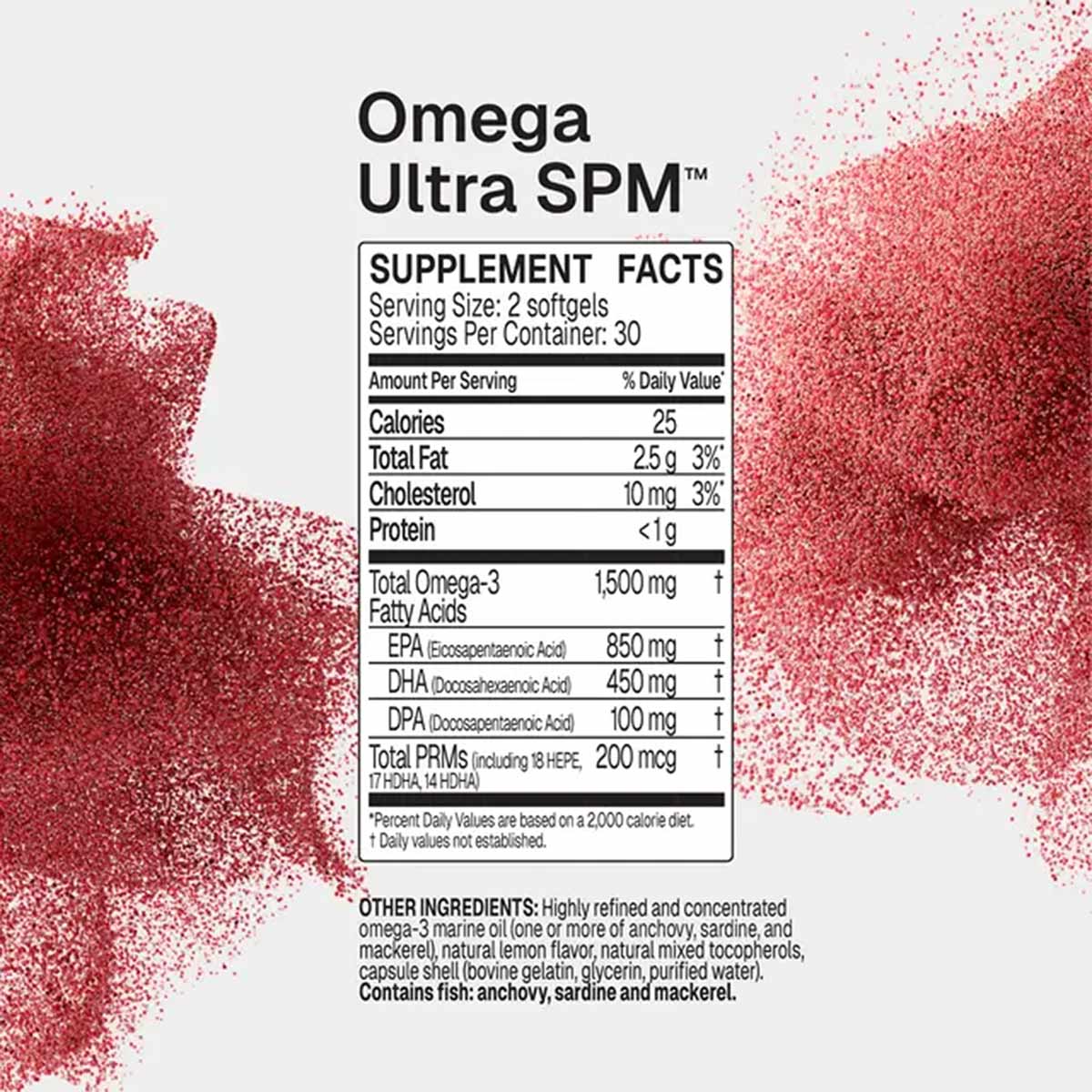 Supplement facts panel for Omega Ultra SPM listing serving size, omega-3 amounts, and ingredients, set between two red powder splashes on a light background.
