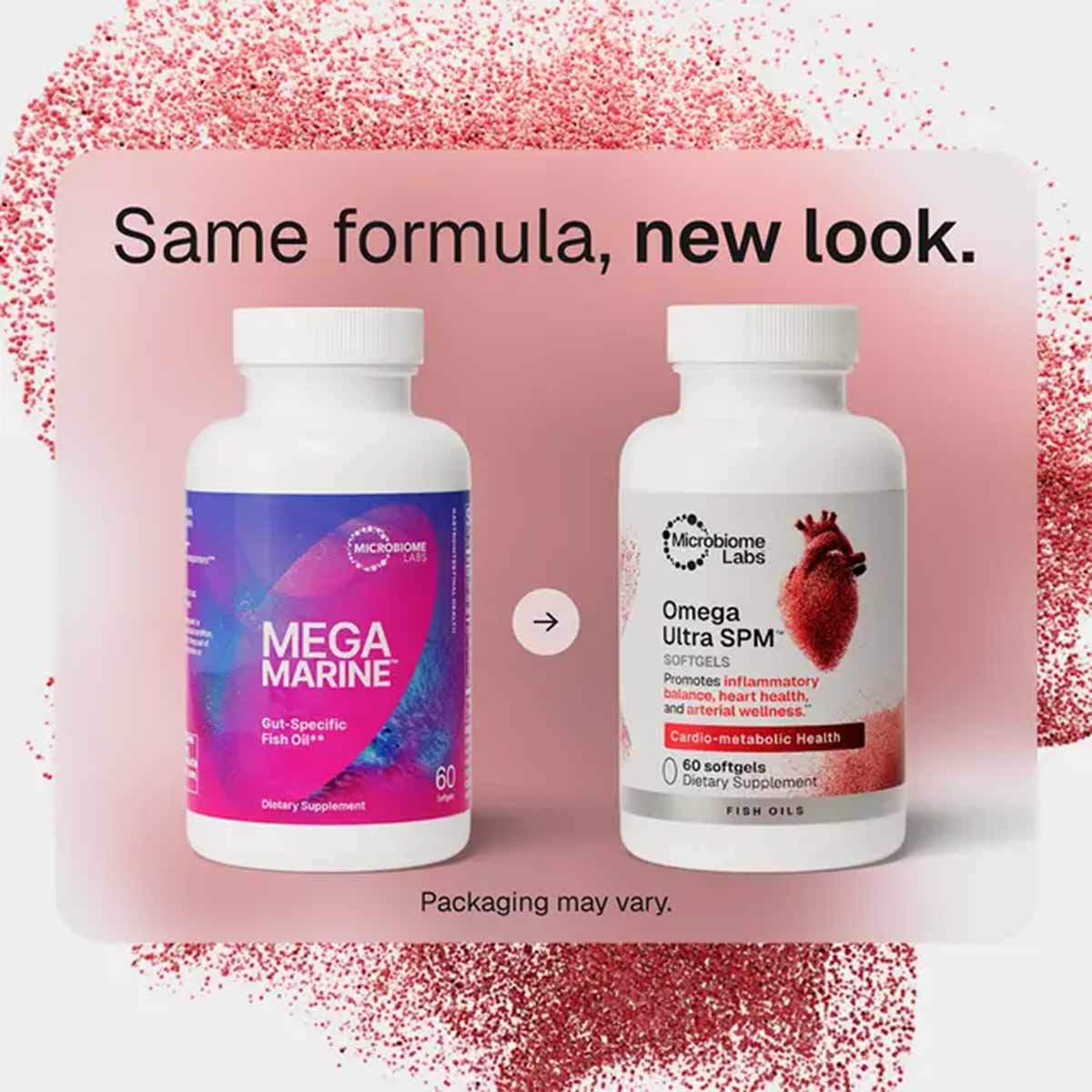 Two white supplement bottles side by side show the old MegaMarine purple label and the new red Omega Ultra SPM label.