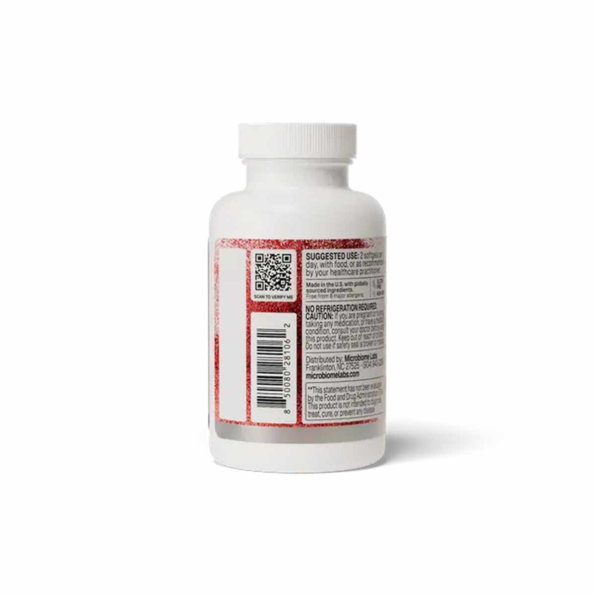 A white supplement bottle with a white cap, shown from the back, with a red label, QR code, barcode, and usage text.
