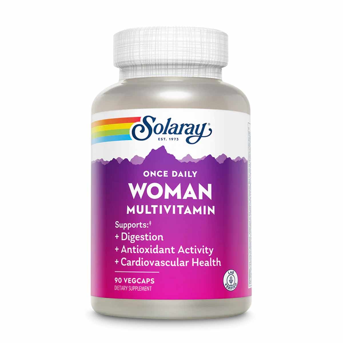 Solaray Once Daily Woman Multivitamin bottle with white cap and purple label containing 90 vegcaps.